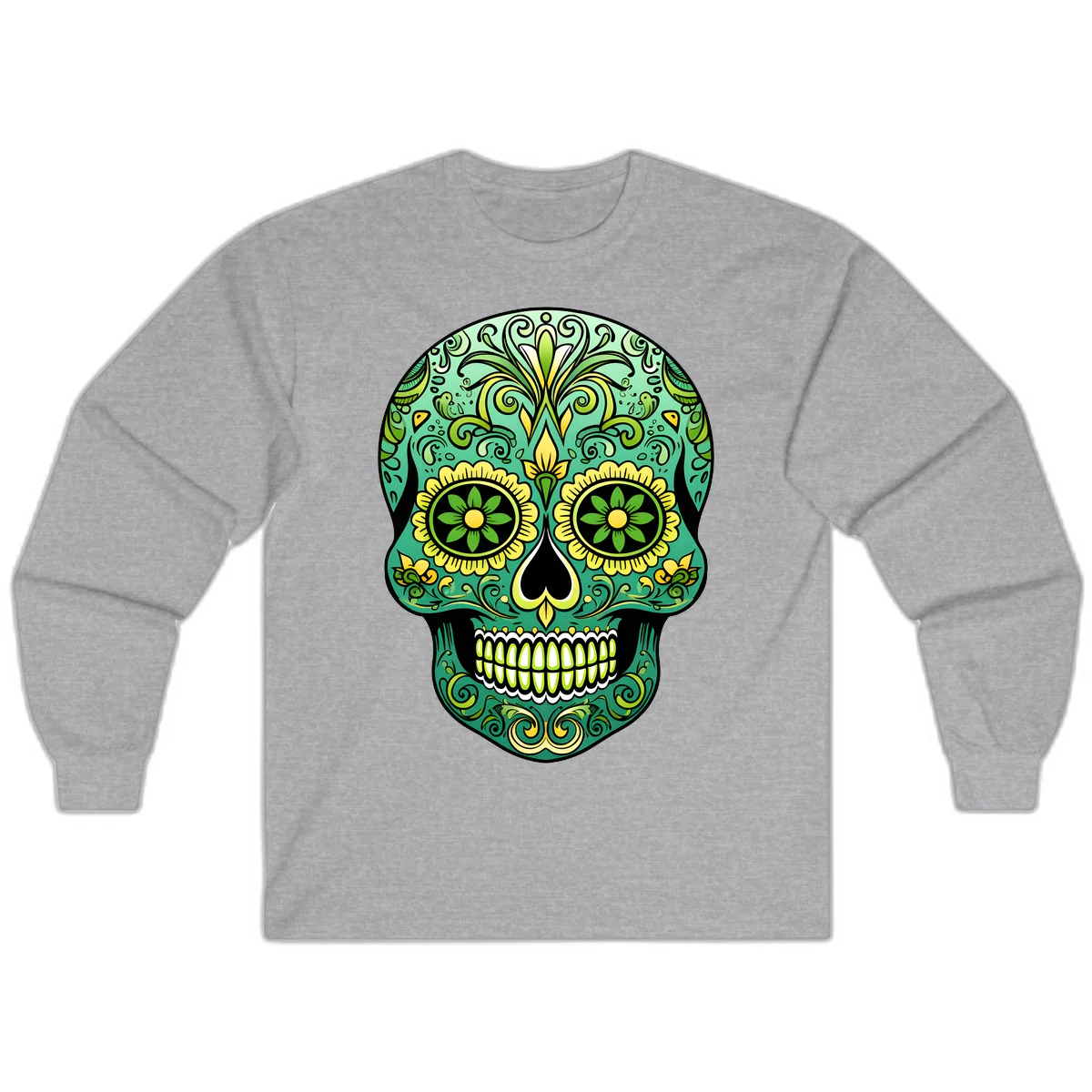 Ornate Emerald Calavera Sugar Skull Design Long Sleeve in Sport Grey
