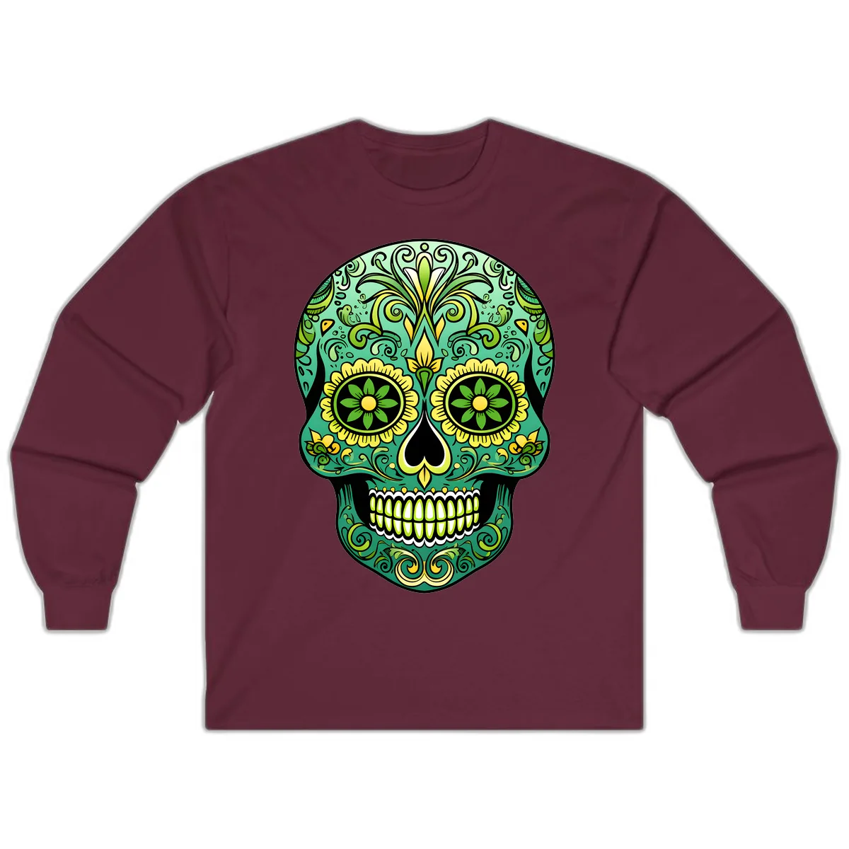 Ornate Emerald Calavera Sugar Skull Design Long Sleeve in Maroon