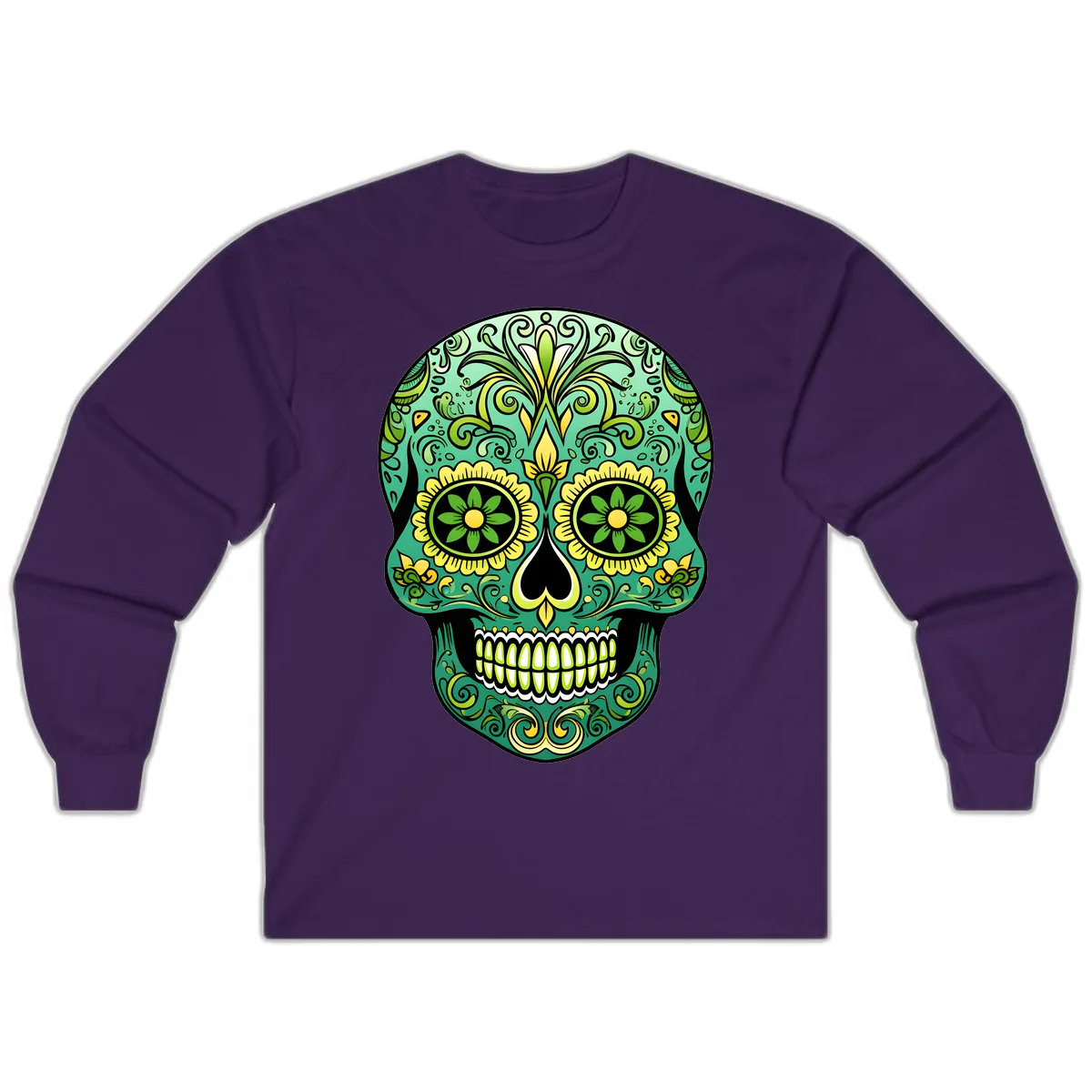 Ornate Emerald Calavera Sugar Skull Design Long Sleeve in Purple