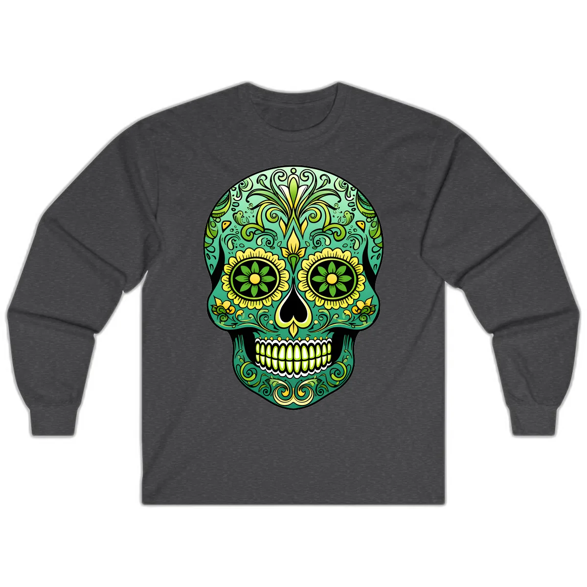 Ornate Emerald Calavera Sugar Skull Design Long Sleeve in Dark Heather