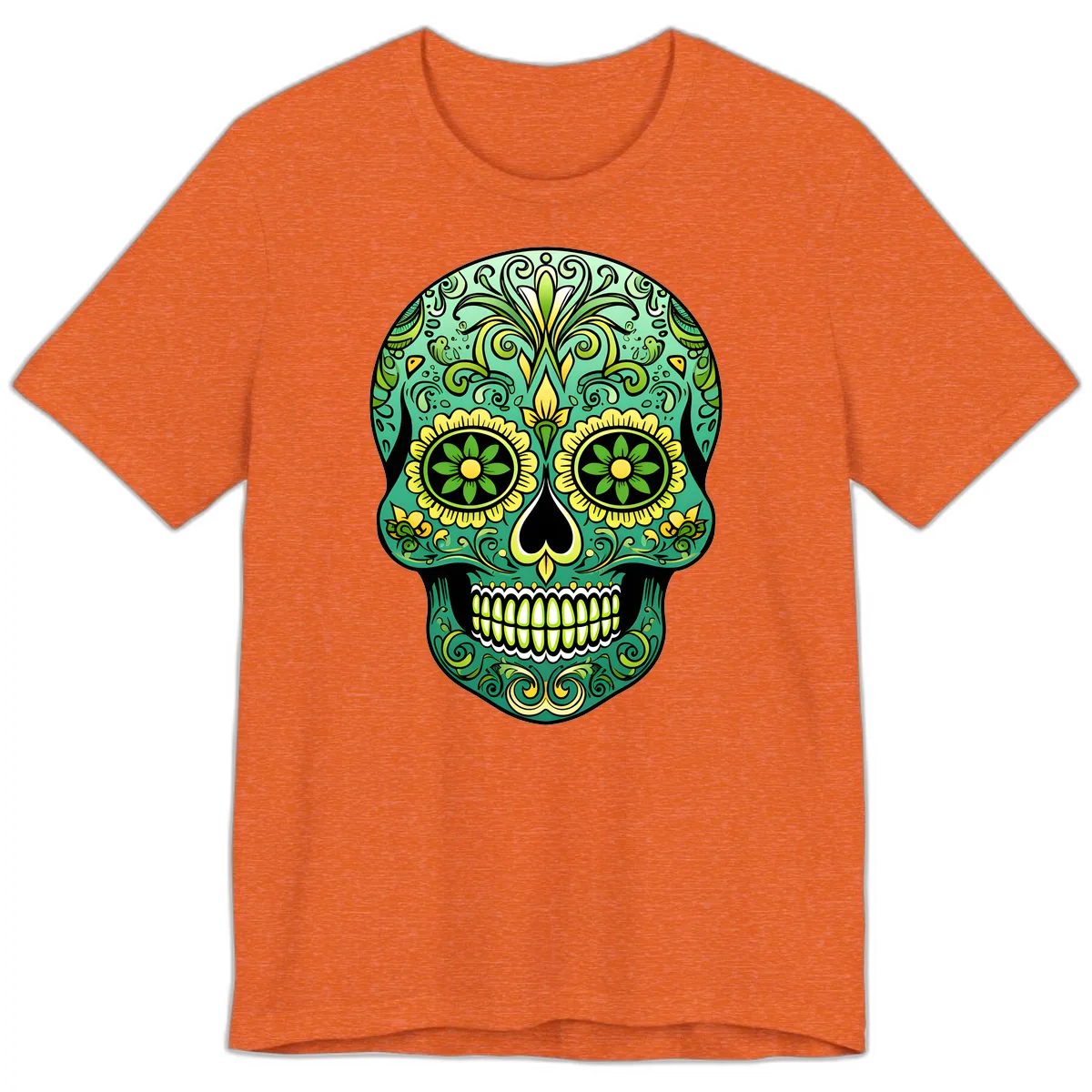 Ornate Emerald Calavera Sugar Skull Design Premium T-Shirt in Heather Orange