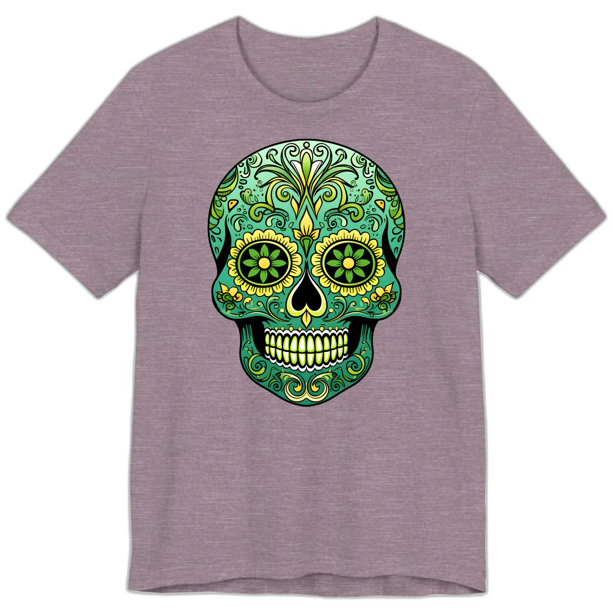 Ornate Emerald Calavera Sugar Skull Design Premium T-Shirt in Heather Purple