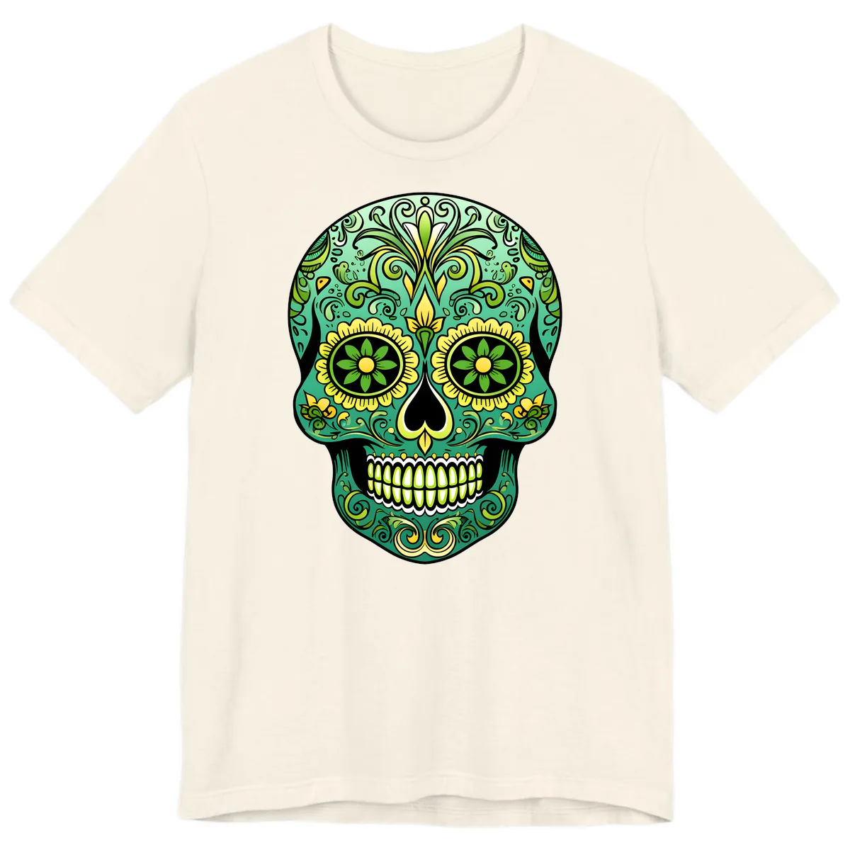 Ornate Emerald Calavera Sugar Skull Design Premium T-Shirt in Natural