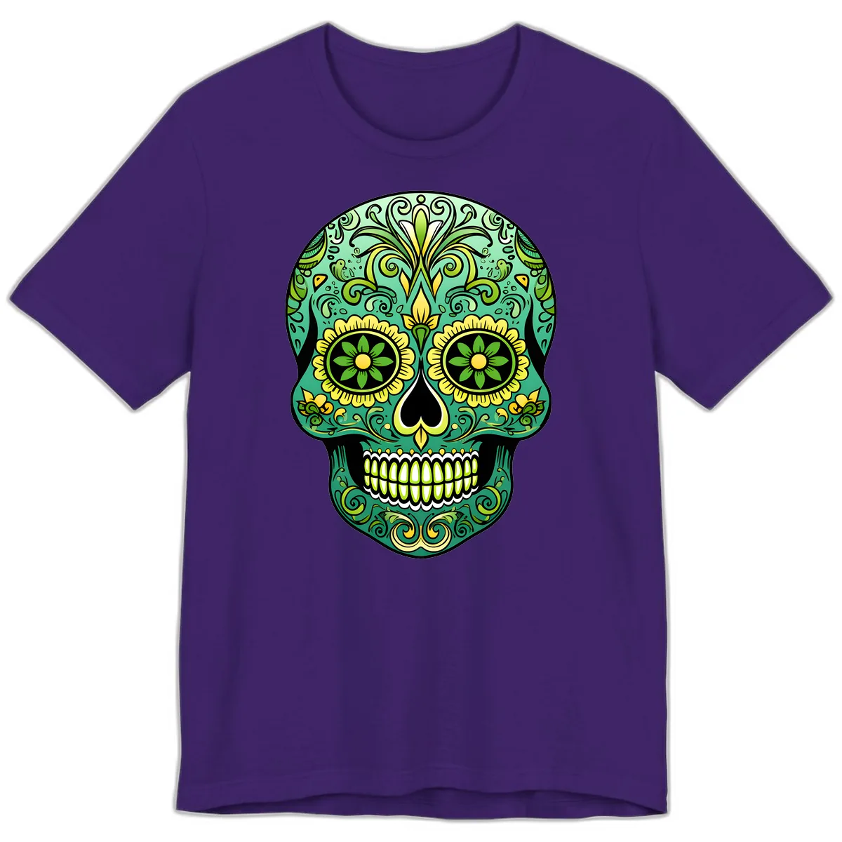 Ornate Emerald Calavera Sugar Skull Design Premium T-Shirt in Team Purple