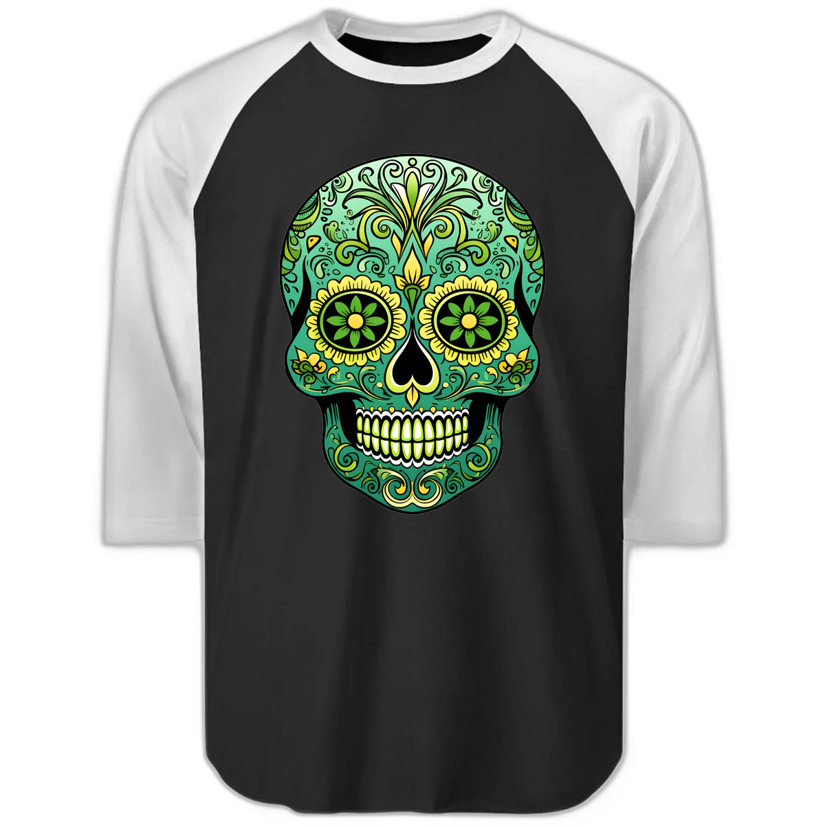 Ornate Emerald Calavera Sugar Skull Design Raglan 3/4 in Black White