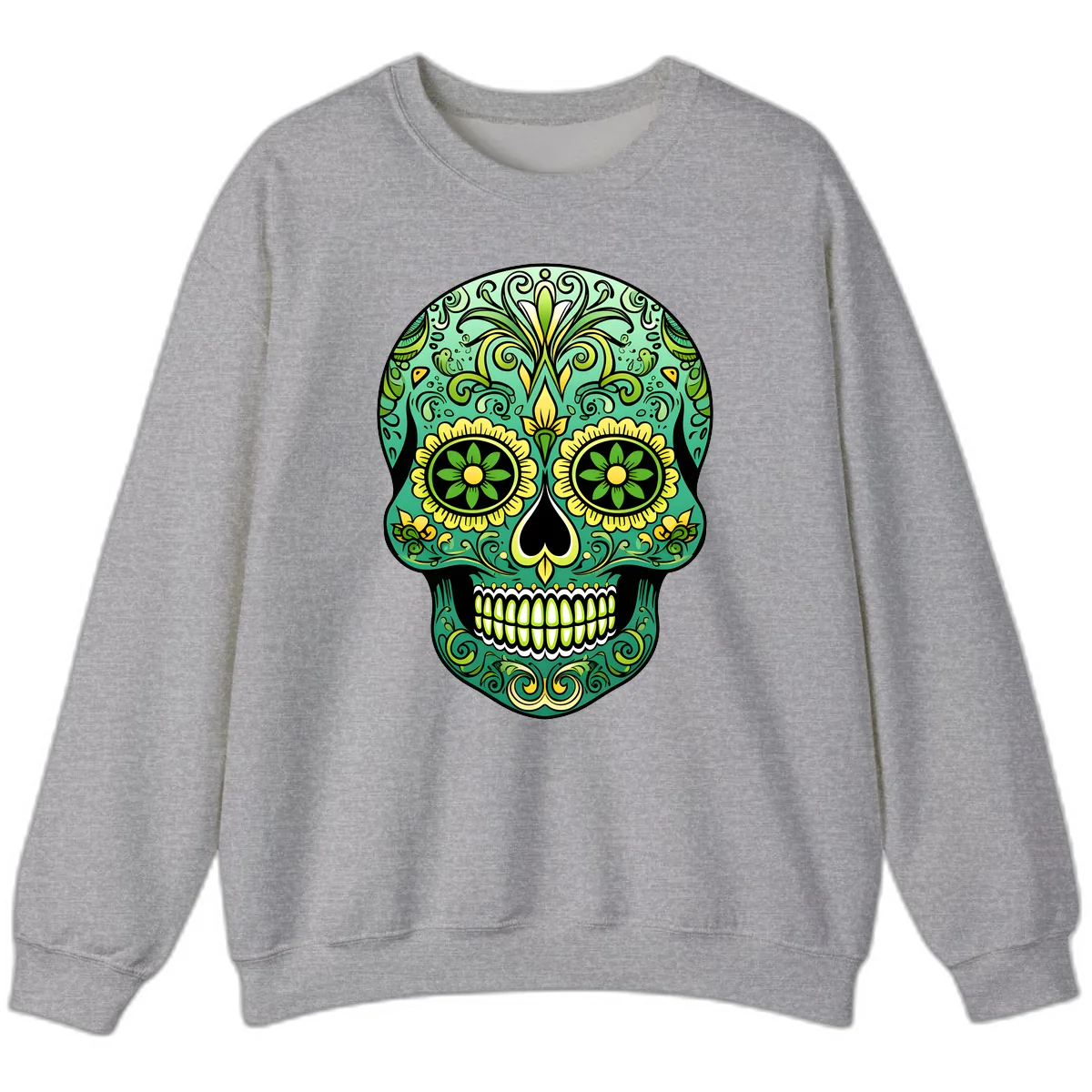 Ornate Emerald Calavera Sugar Skull Design Sweatshirt in Sport Grey
