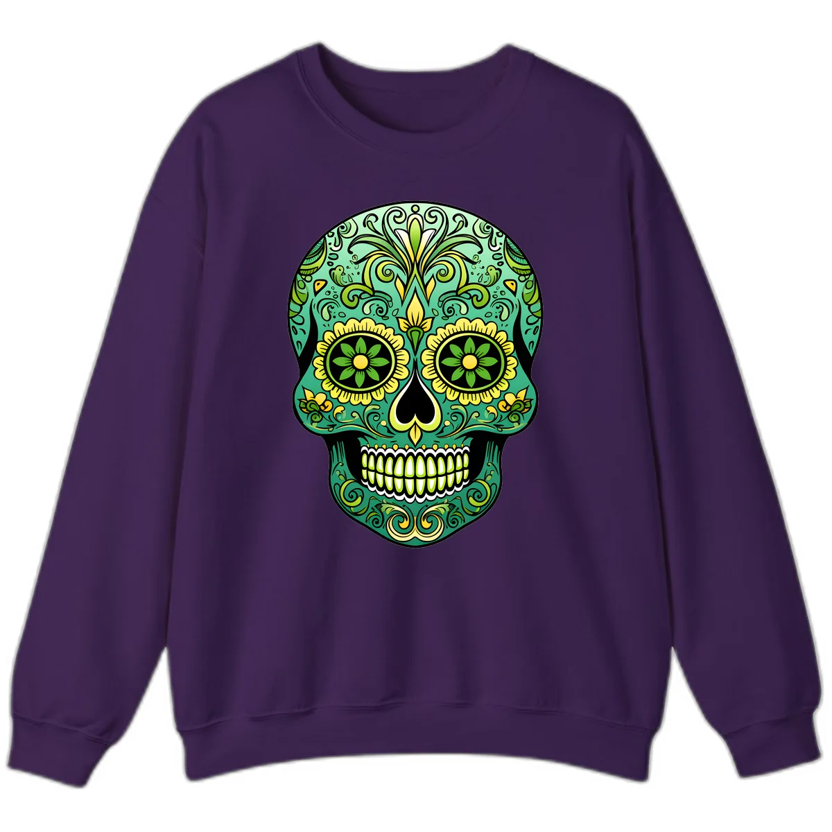 Ornate Emerald Calavera Sugar Skull Design Sweatshirt in Purple