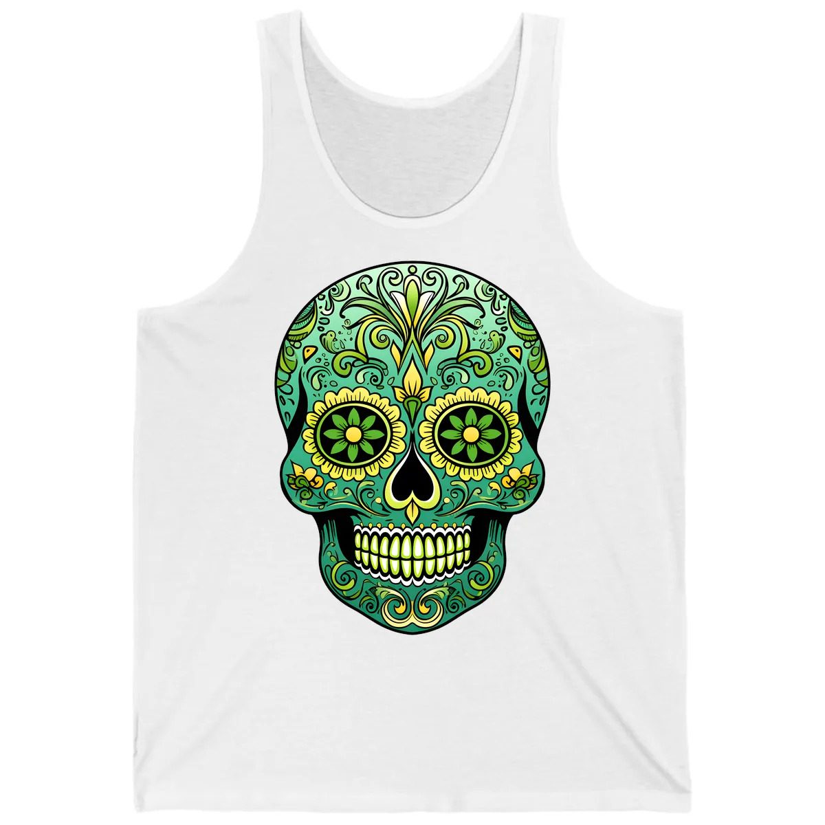 Ornate Emerald Calavera Sugar Skull Design Tank in White