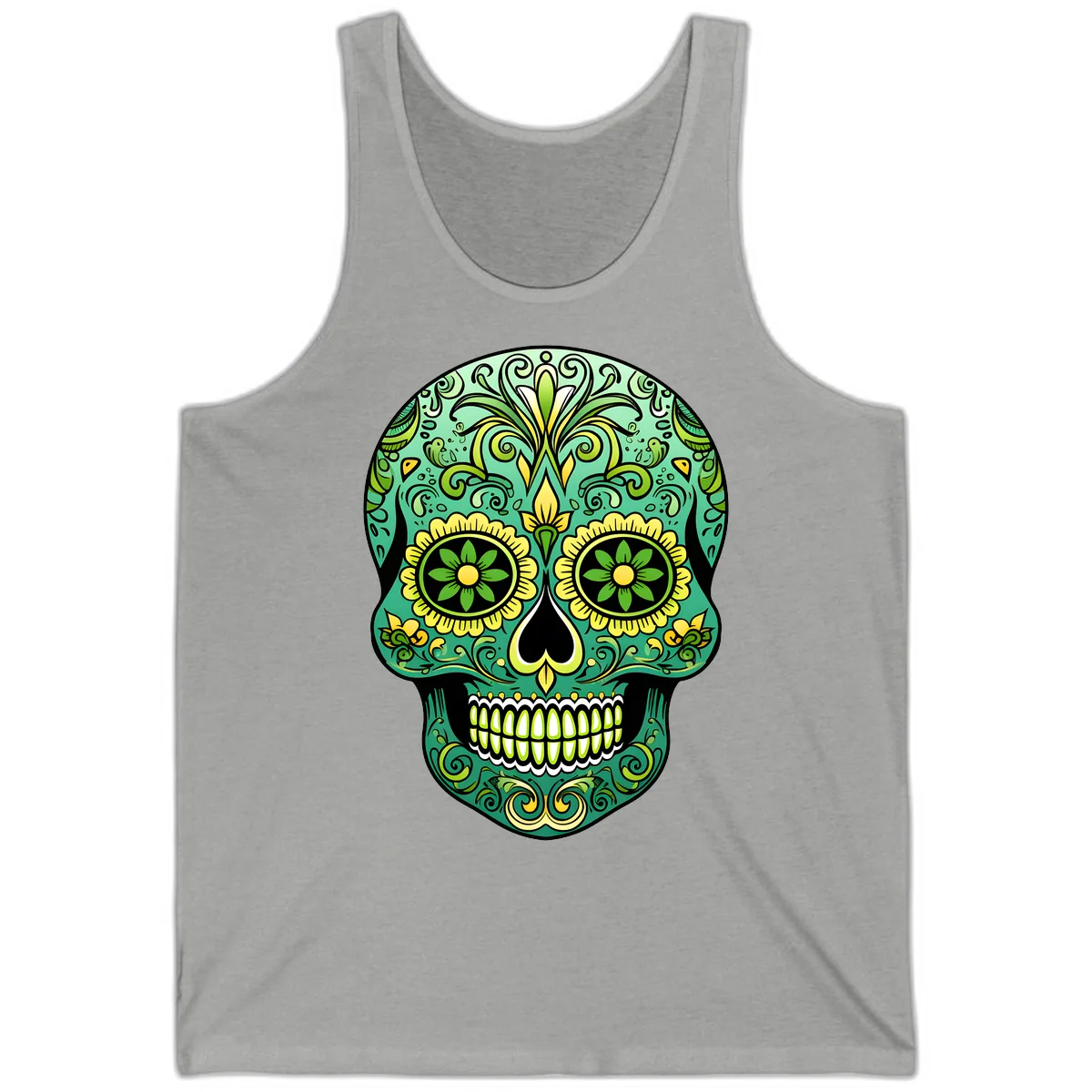 Ornate Emerald Calavera Sugar Skull Design Tank in Athletic Heather