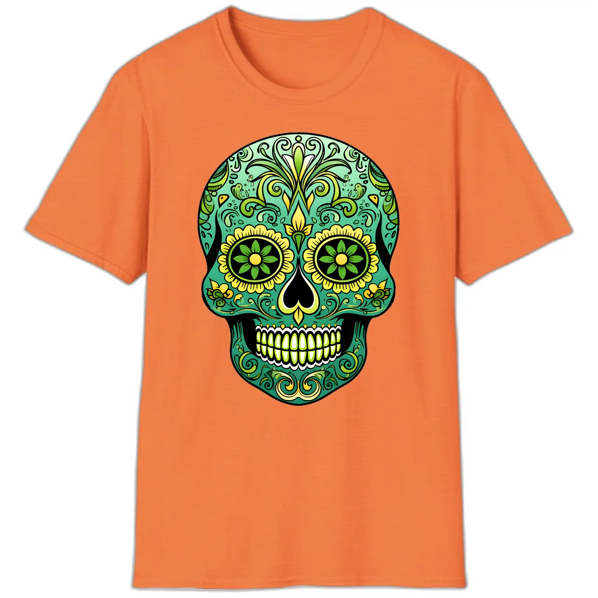 Ornate Emerald Calavera Sugar Skull Design T-Shirt in Heather Orange