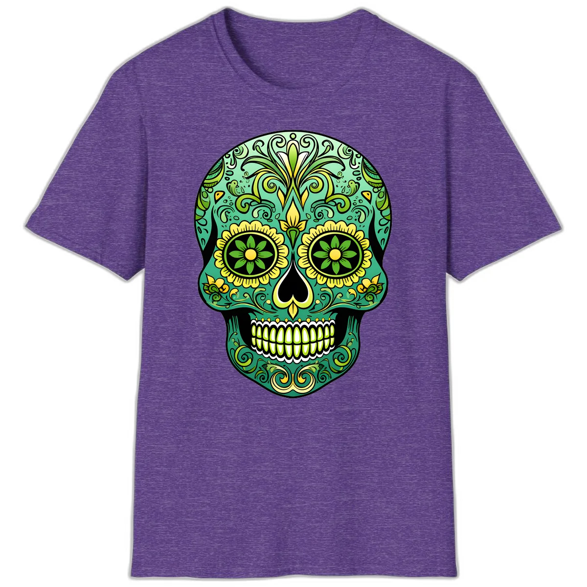 Ornate Emerald Calavera Sugar Skull Design T-Shirt in Heather Purple