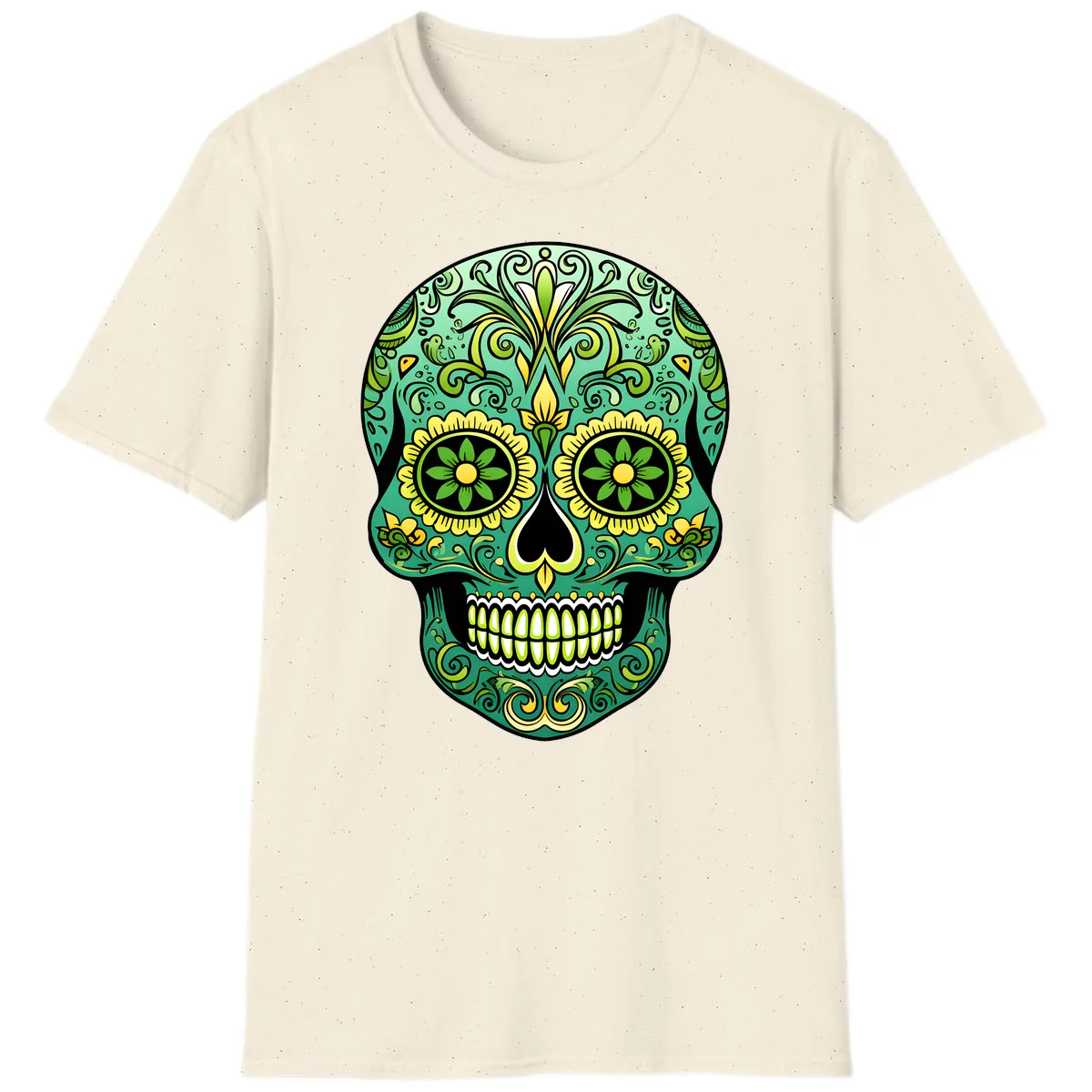 Ornate Emerald Calavera Sugar Skull Design T-Shirt in Natural