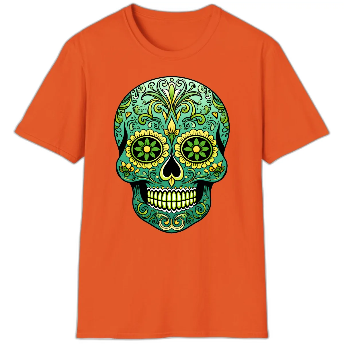 Ornate Emerald Calavera Sugar Skull Design T-Shirt in Orange