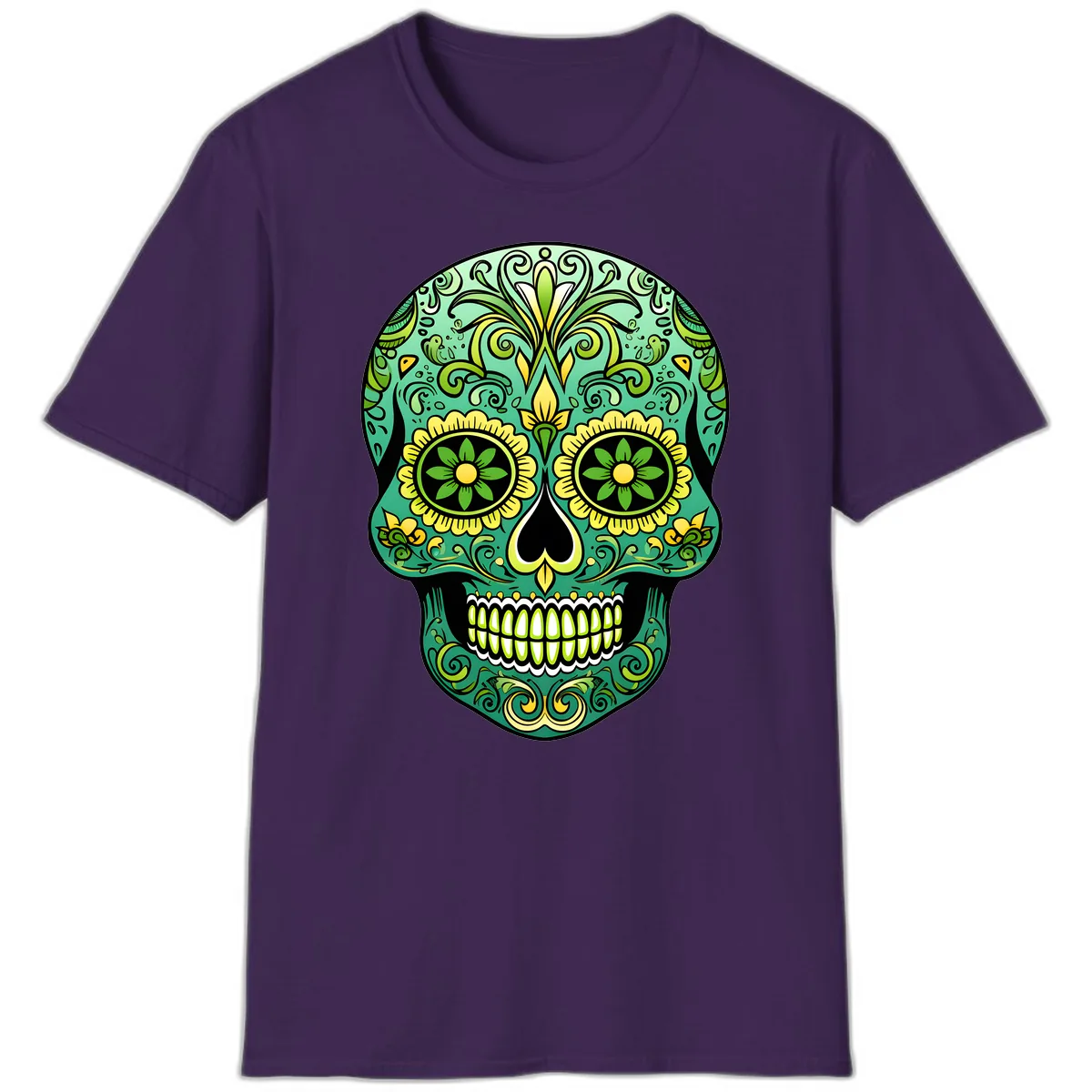 Ornate Emerald Calavera Sugar Skull Design T-Shirt in Purple