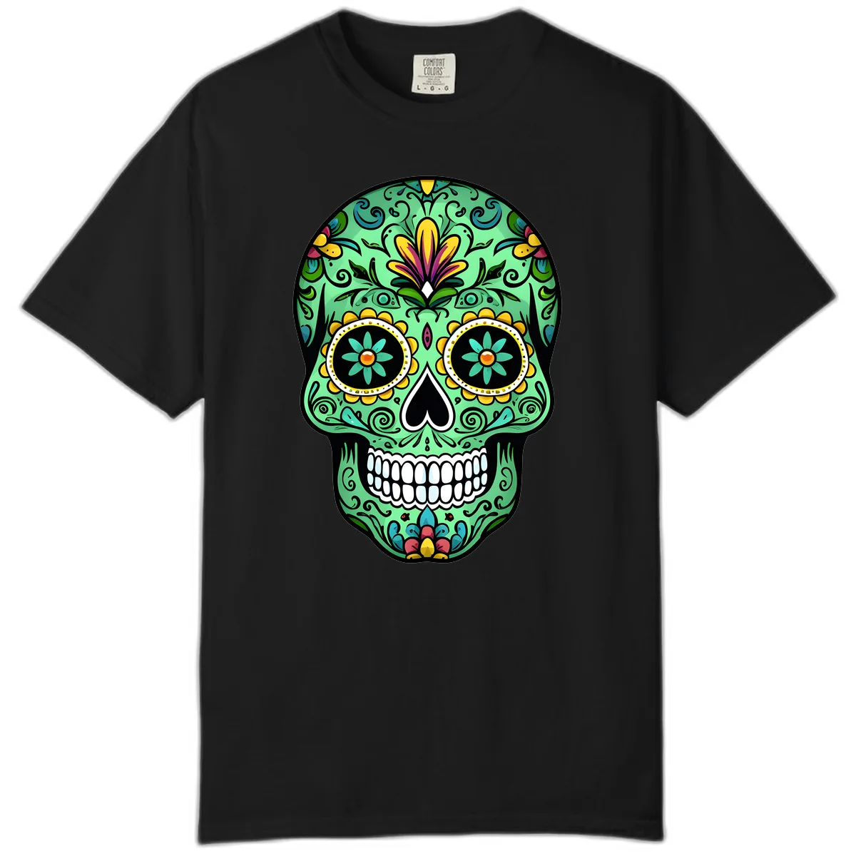Ornate Teal Calavera Skull Adorned with Vibrant Florals Comfort Color in Black