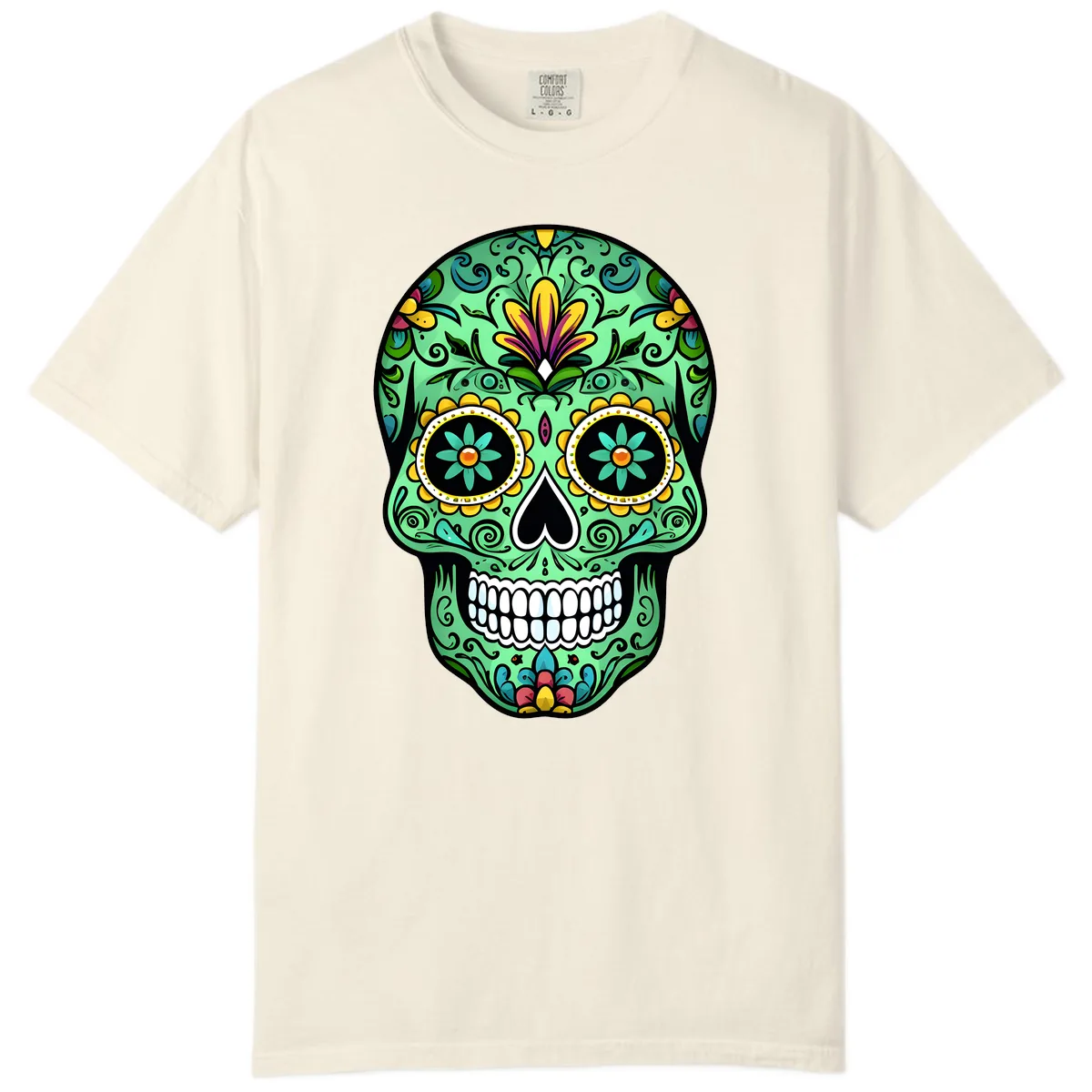 Ornate Teal Calavera Skull Adorned with Vibrant Florals Comfort Color in Ivory