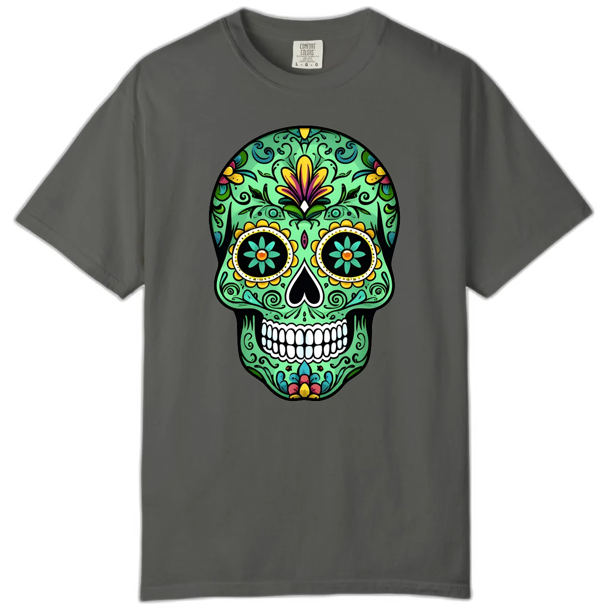Ornate Teal Calavera Skull Adorned with Vibrant Florals Comfort Color in Pepper