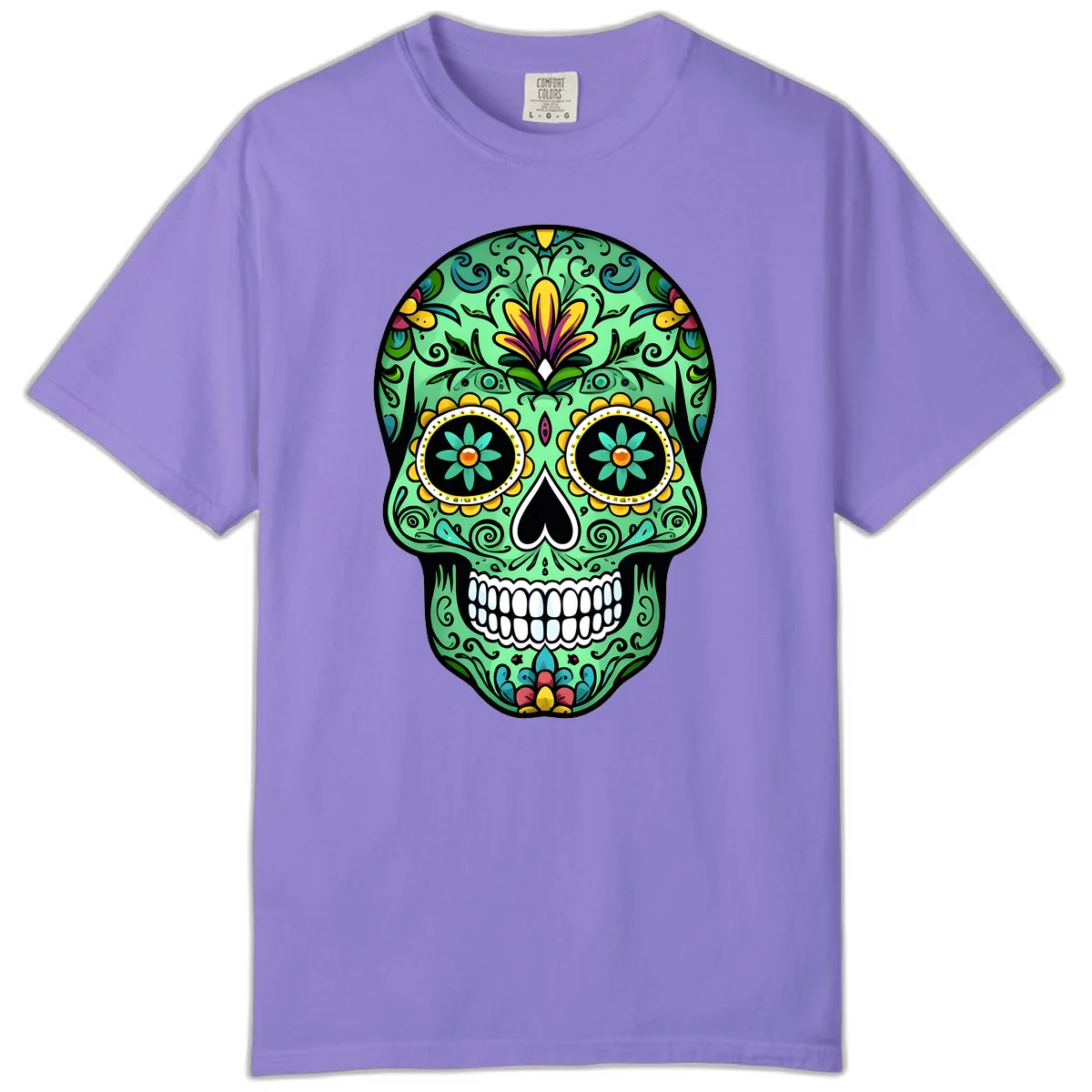 Ornate Teal Calavera Skull Adorned with Vibrant Florals Comfort Color in Violet