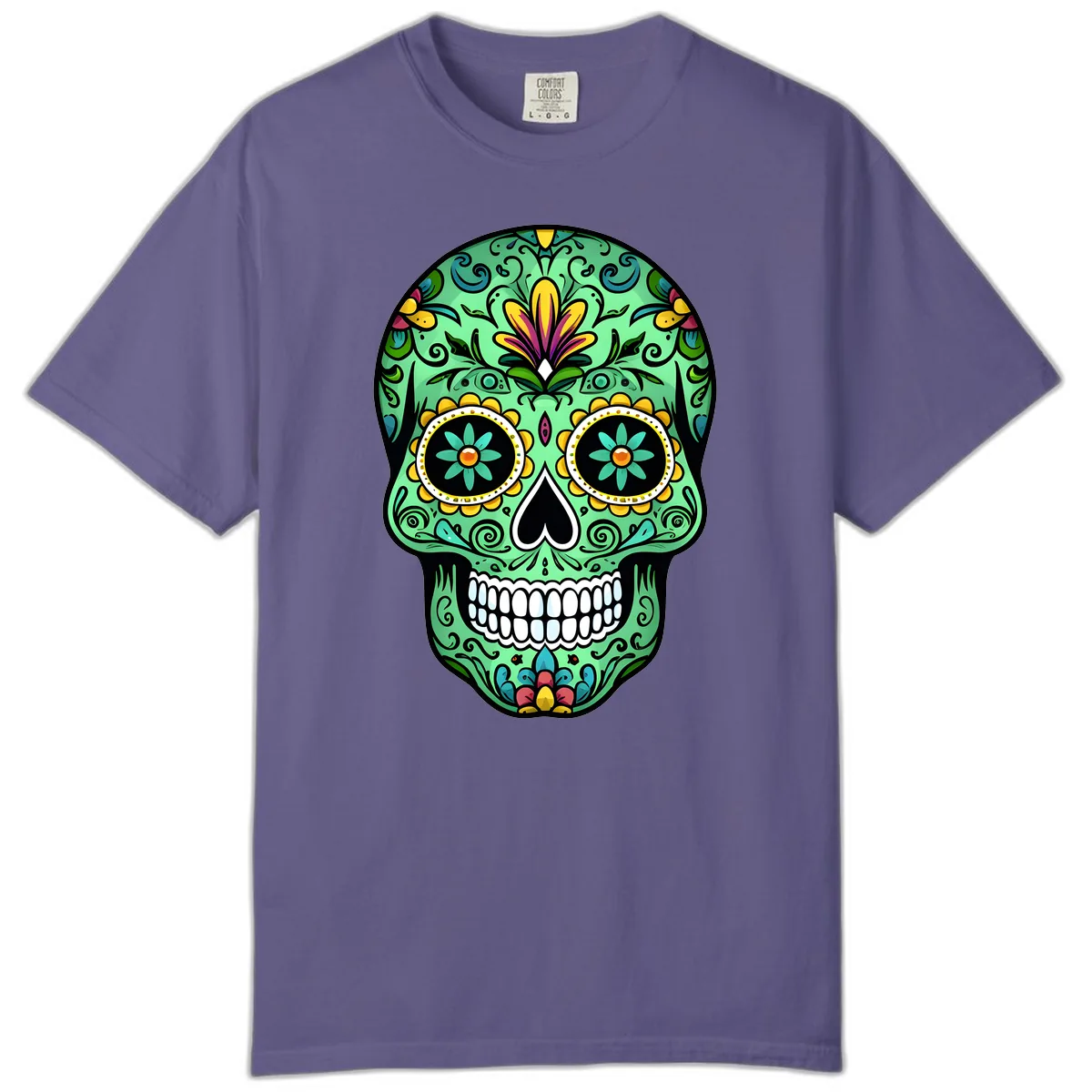 Ornate Teal Calavera Skull Adorned with Vibrant Florals Comfort Color in Grape