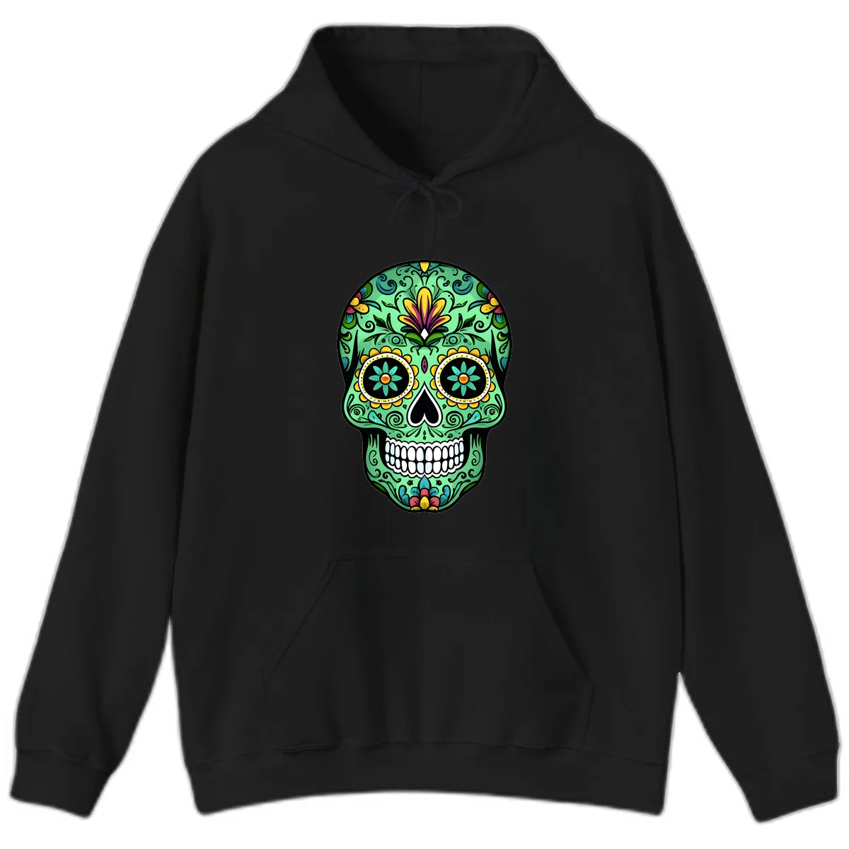 Ornate Teal Calavera Skull Adorned with Vibrant Florals Hoodie in Black