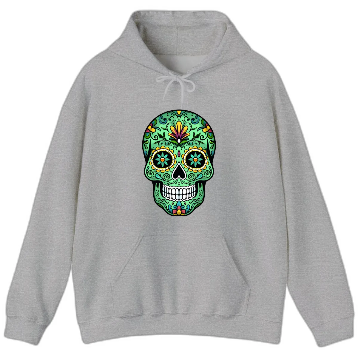 Ornate Teal Calavera Skull Adorned with Vibrant Florals Hoodie in Sport Grey