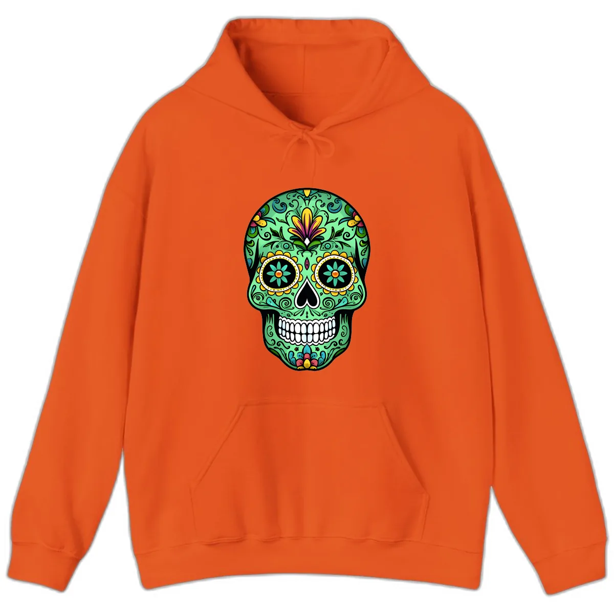 Ornate Teal Calavera Skull Adorned with Vibrant Florals Hoodie in Orange