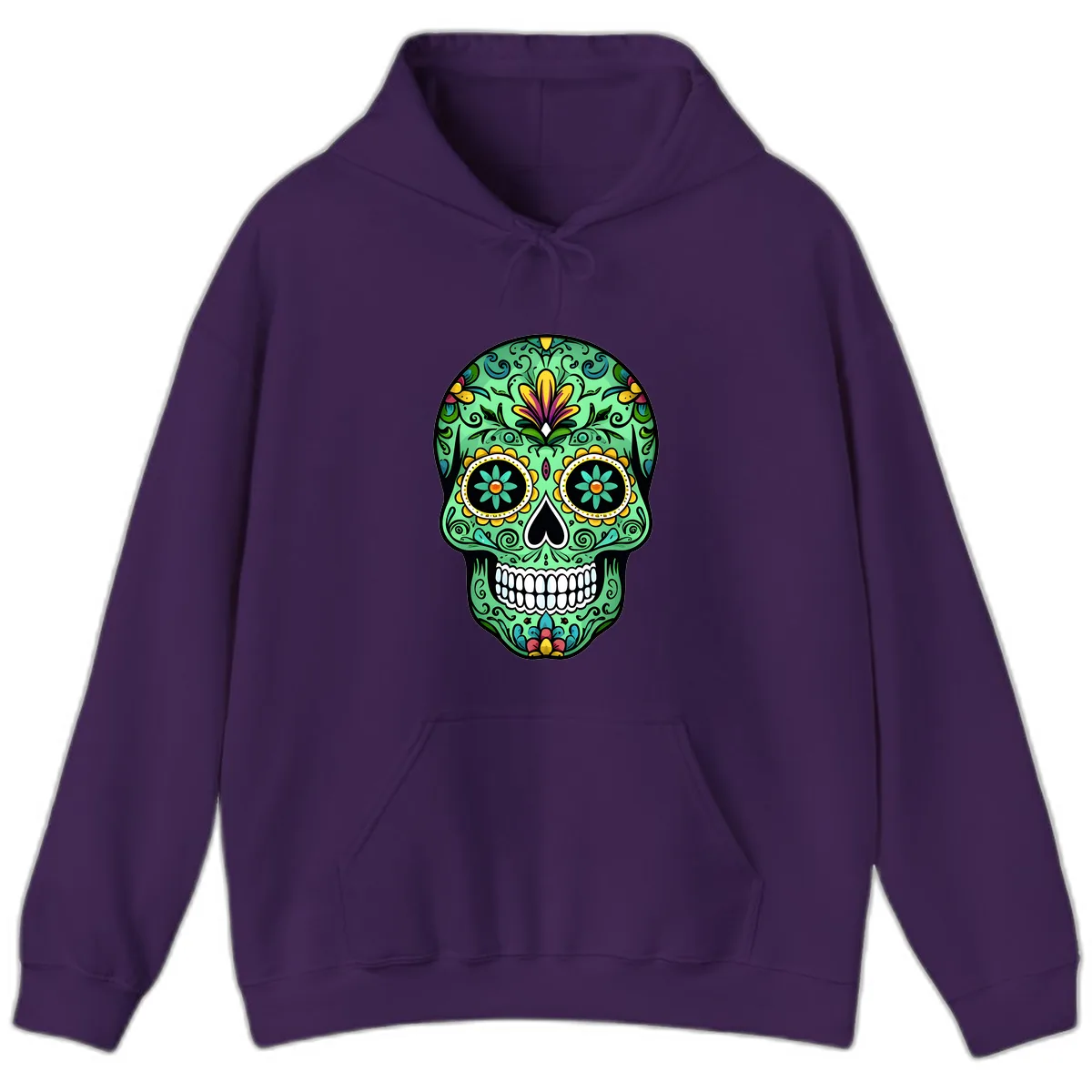 Ornate Teal Calavera Skull Adorned with Vibrant Florals Hoodie in Purple