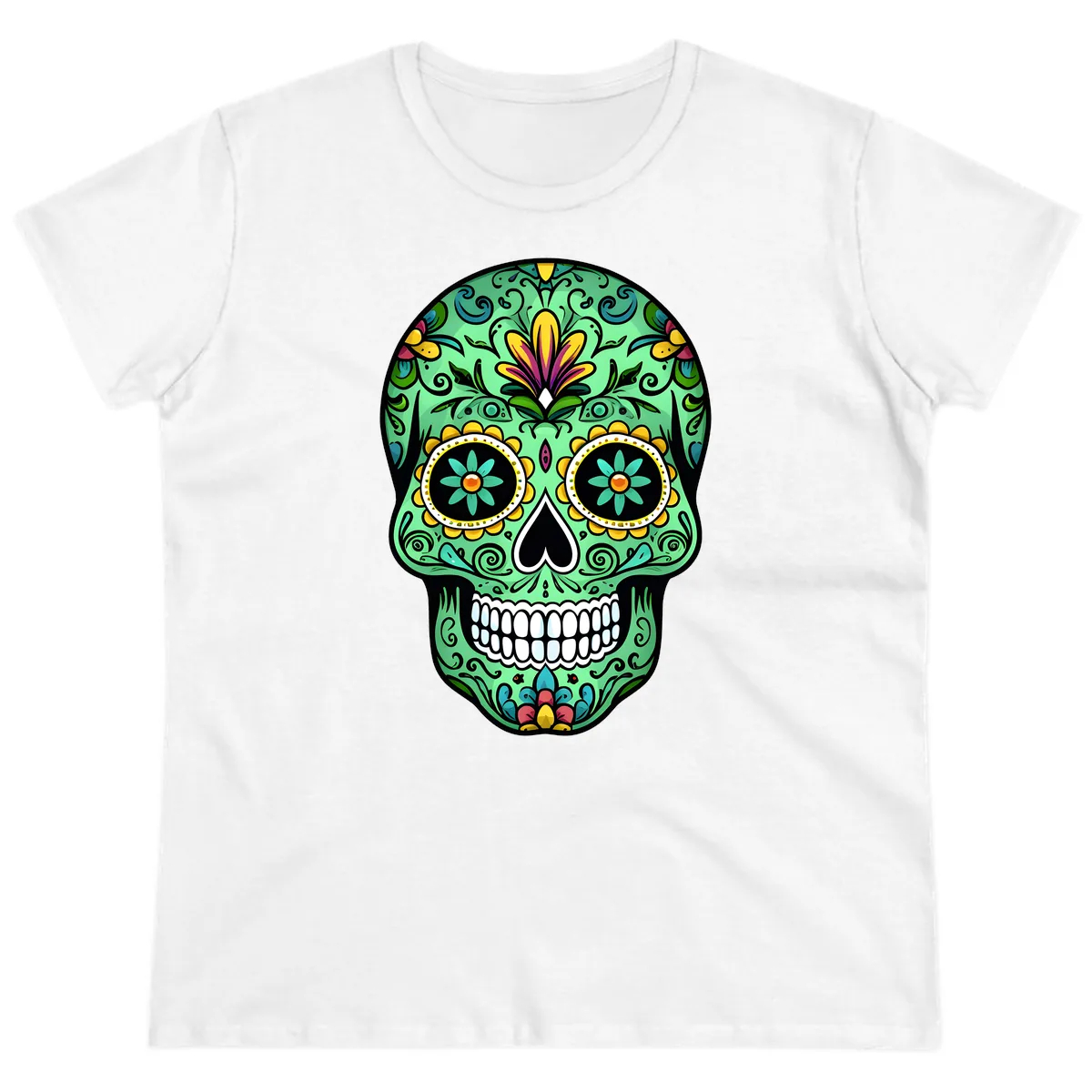 Ornate Teal Calavera Skull Adorned with Vibrant Florals Ladies Tee in White