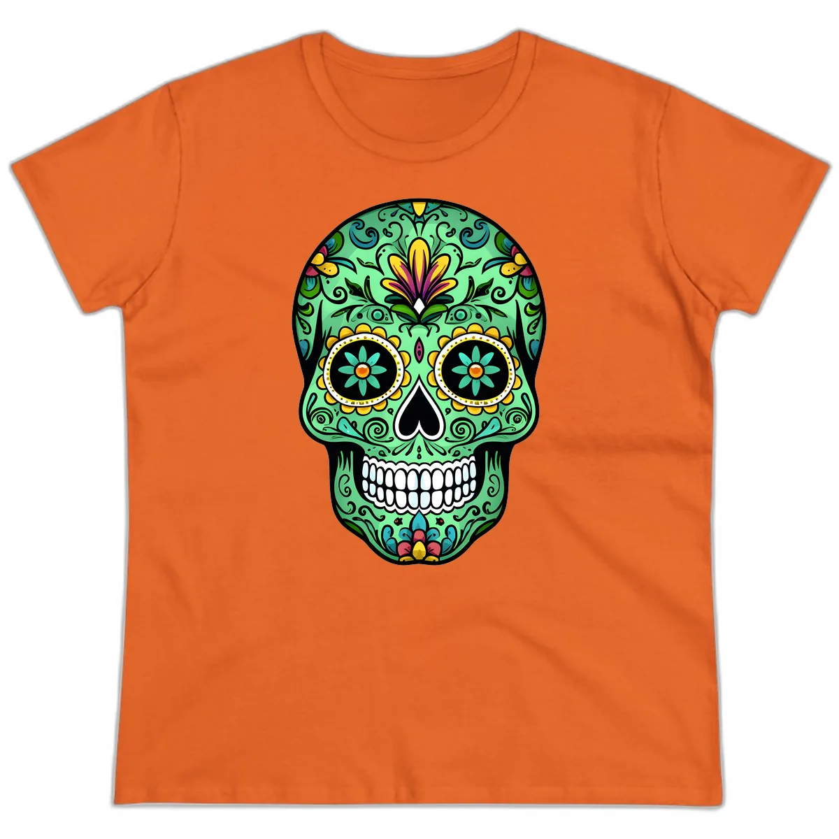 Ornate Teal Calavera Skull Adorned with Vibrant Florals Ladies Tee in Orange