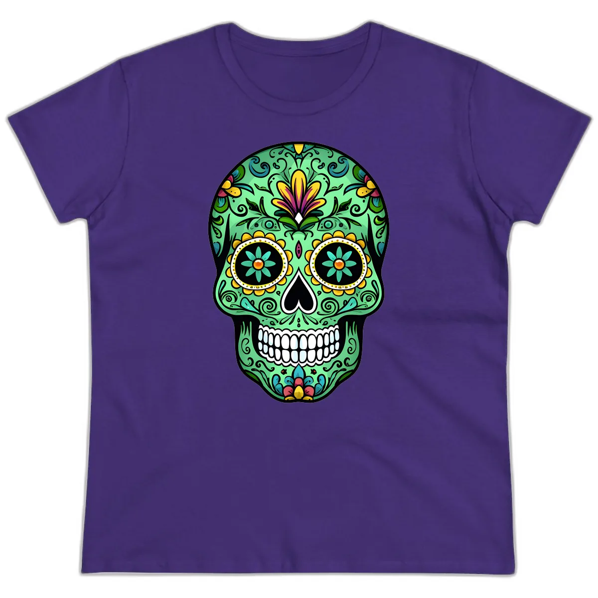 Ornate Teal Calavera Skull Adorned with Vibrant Florals Ladies Tee in Purple