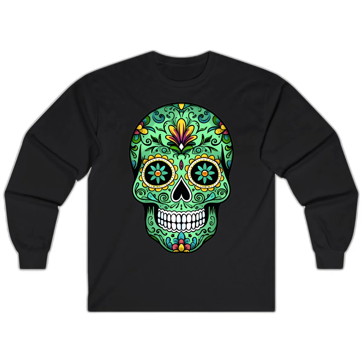Ornate Teal Calavera Skull Adorned with Vibrant Florals Long Sleeve in Black