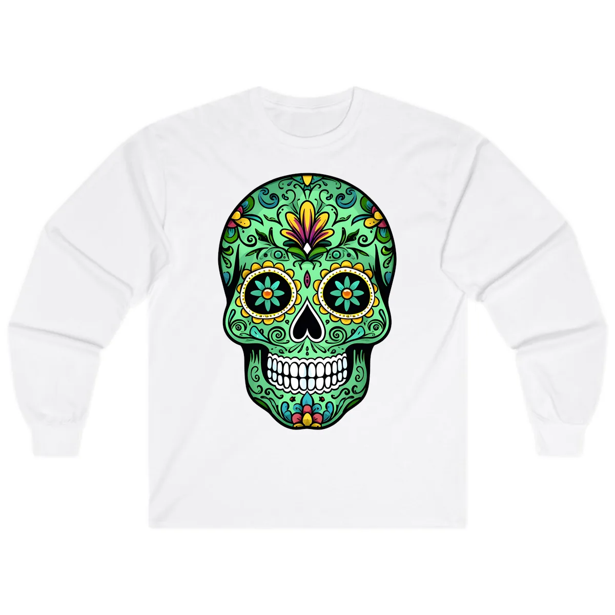 Ornate Teal Calavera Skull Adorned with Vibrant Florals Long Sleeve in White
