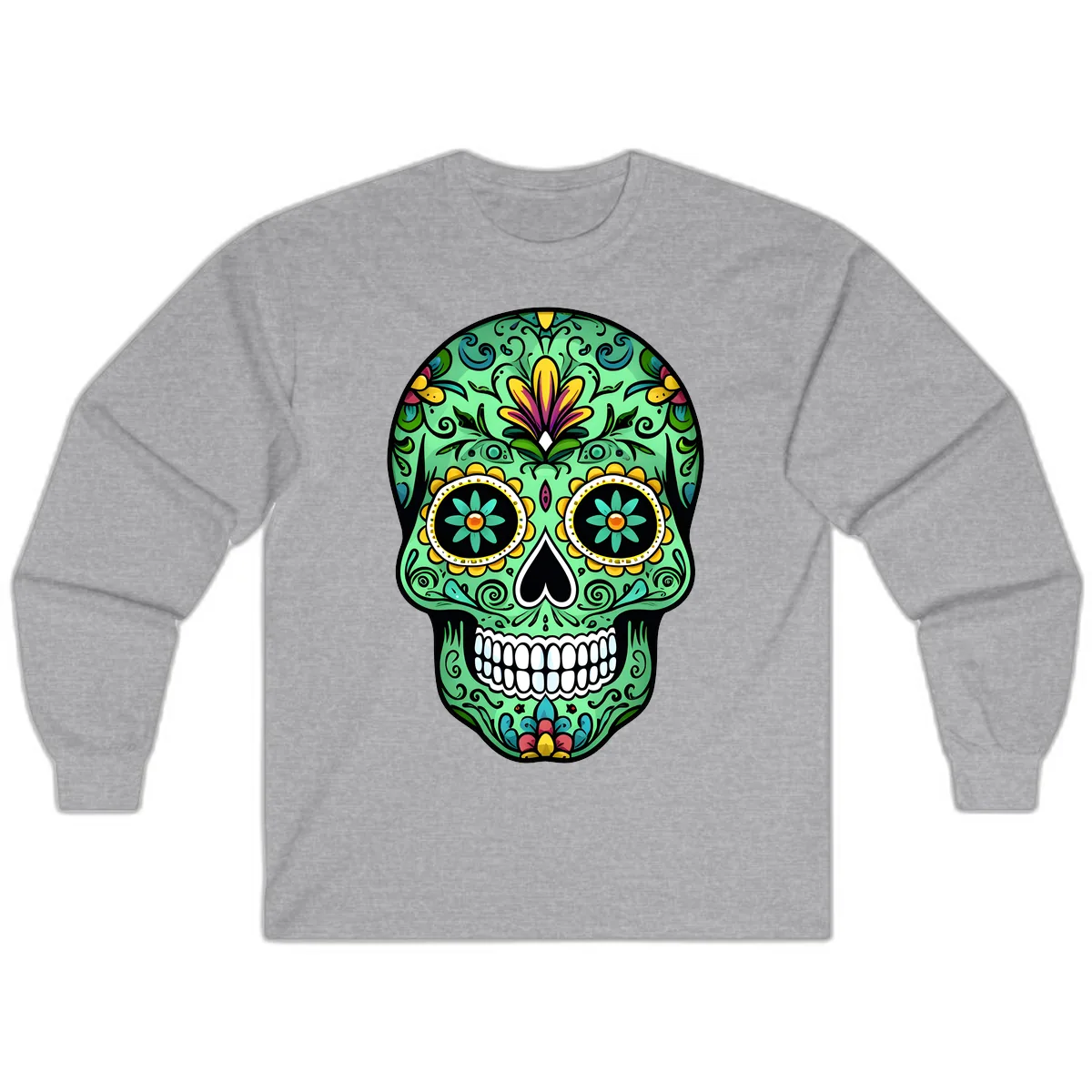 Ornate Teal Calavera Skull Adorned with Vibrant Florals Long Sleeve in Sport Grey