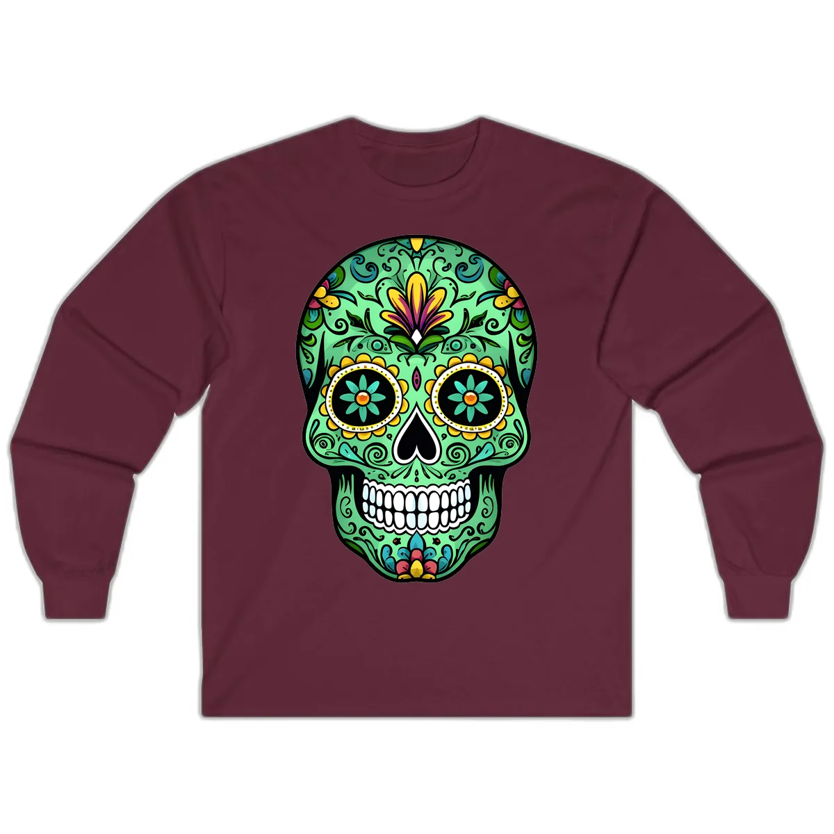 Ornate Teal Calavera Skull Adorned with Vibrant Florals Long Sleeve in Maroon