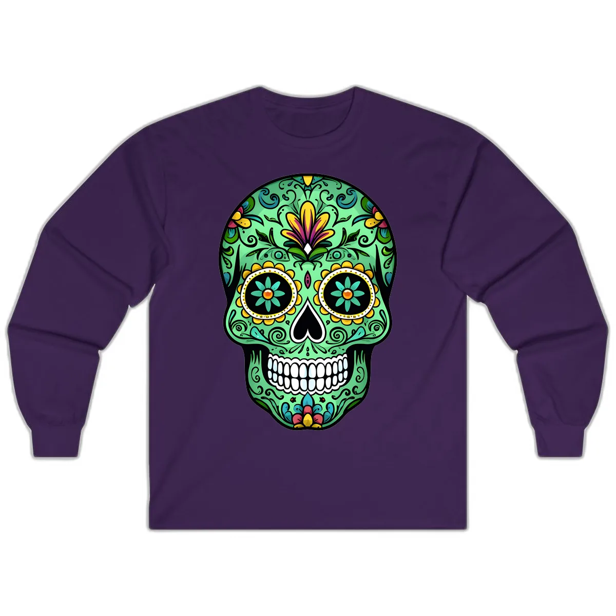 Ornate Teal Calavera Skull Adorned with Vibrant Florals Long Sleeve in Purple