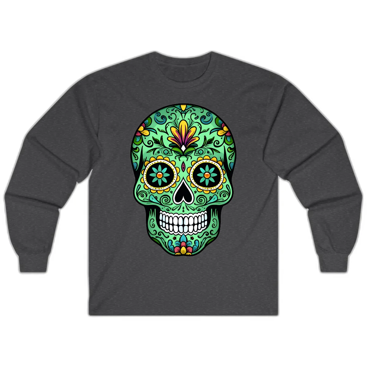 Ornate Teal Calavera Skull Adorned with Vibrant Florals Long Sleeve in Dark Heather