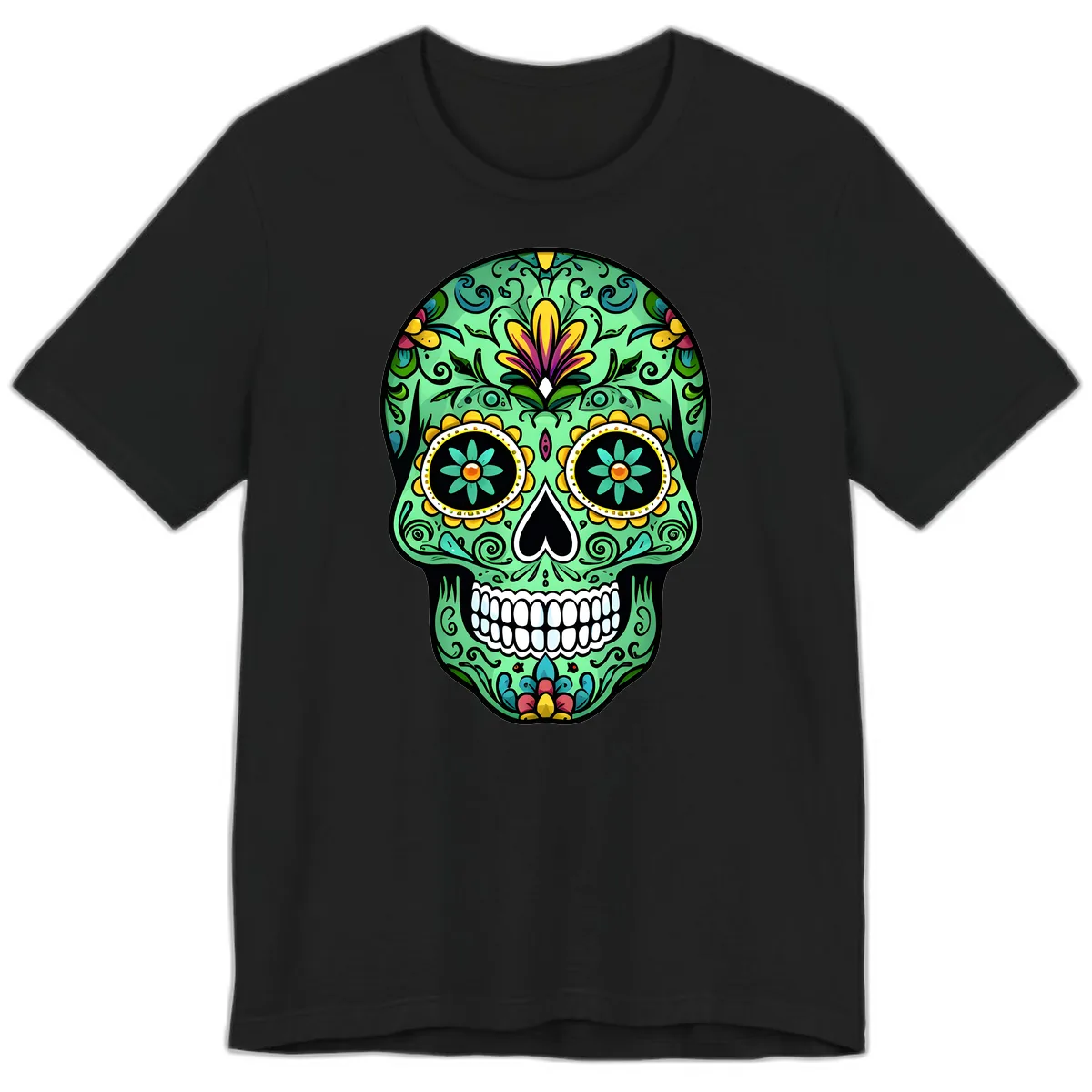 Ornate Teal Calavera Skull Adorned with Vibrant Florals Premium T-Shirt in Black