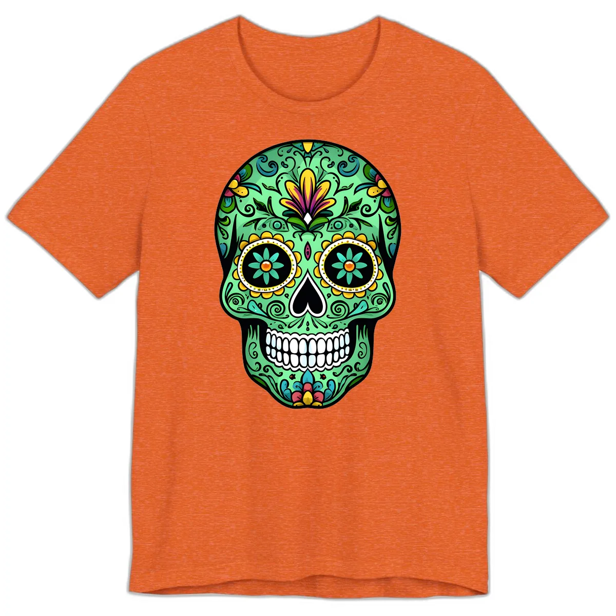Ornate Teal Calavera Skull Adorned with Vibrant Florals Premium T-Shirt in Heather Orange