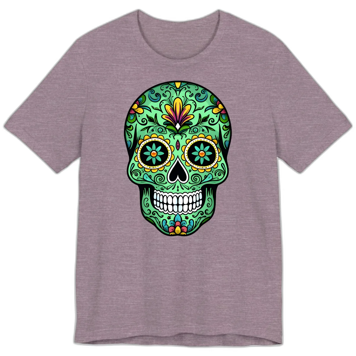 Ornate Teal Calavera Skull Adorned with Vibrant Florals Premium T-Shirt in Heather Purple