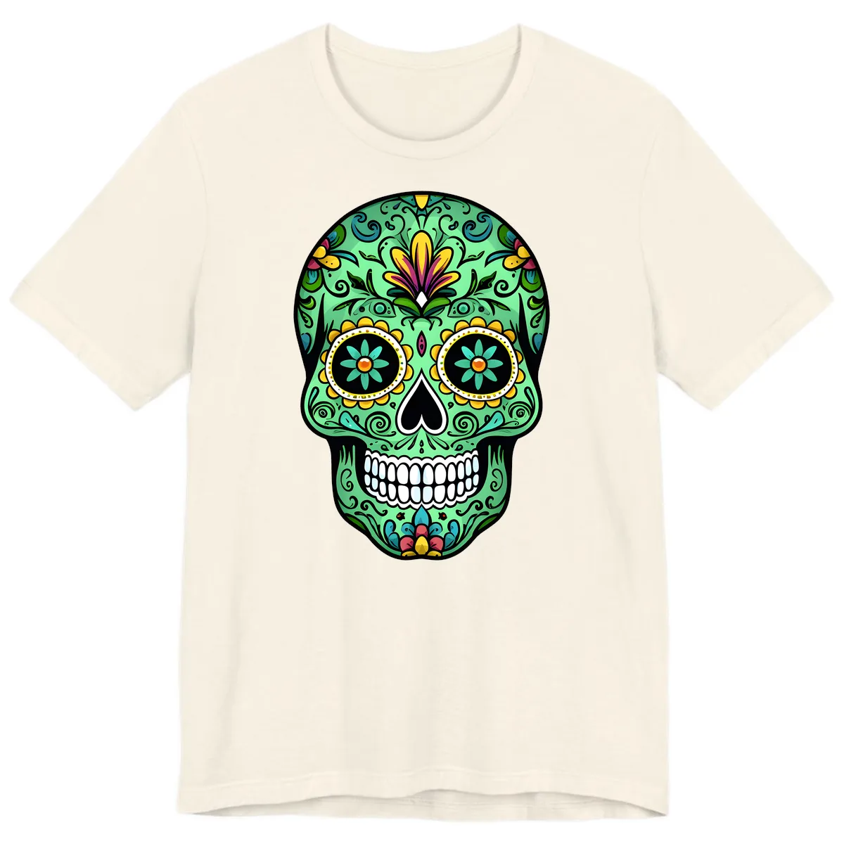 Ornate Teal Calavera Skull Adorned with Vibrant Florals Premium T-Shirt in Natural