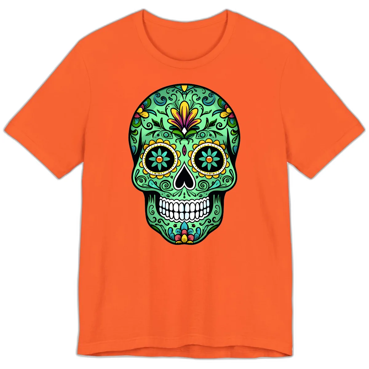Ornate Teal Calavera Skull Adorned with Vibrant Florals Premium T-Shirt in Orange