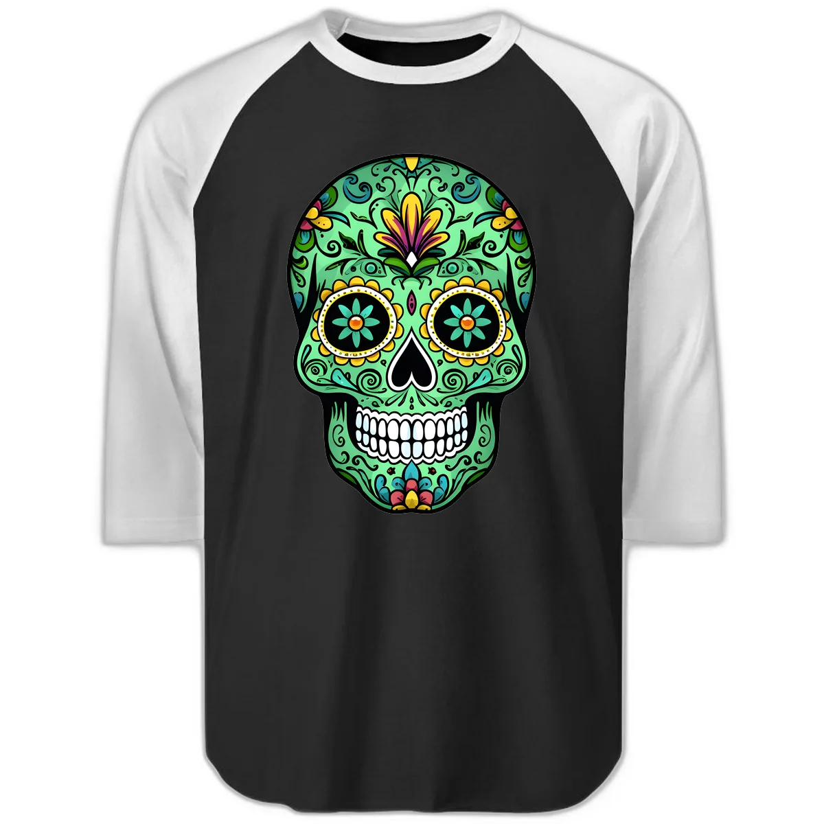 Ornate Teal Calavera Skull Adorned with Vibrant Florals Raglan 3/4 in Black White