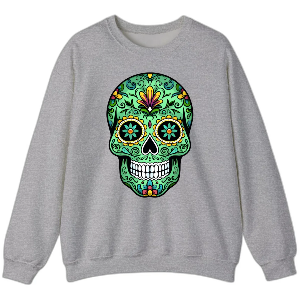 Ornate Teal Calavera Skull Adorned with Vibrant Florals Sweatshirt in Sport Grey