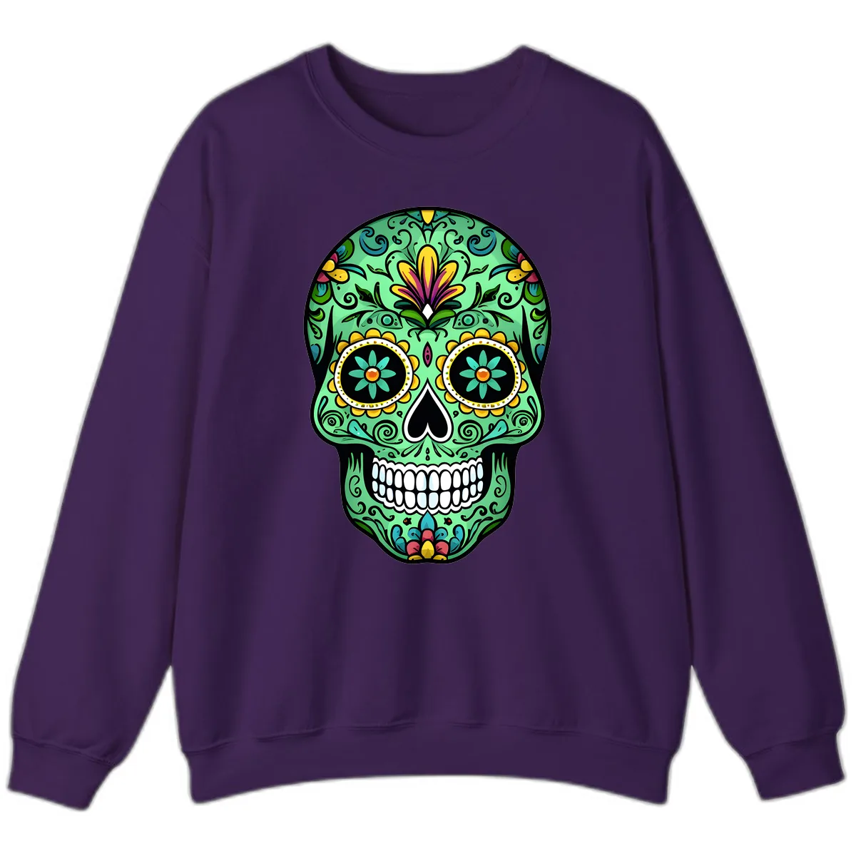 Ornate Teal Calavera Skull Adorned with Vibrant Florals Sweatshirt in Purple
