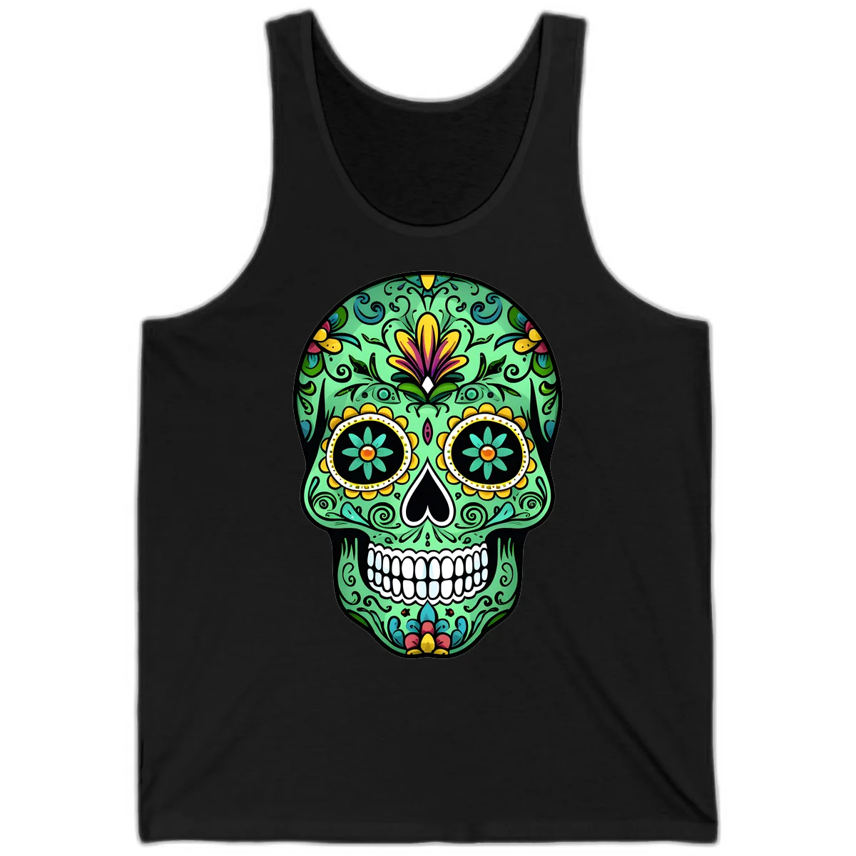 Ornate Teal Calavera Skull Adorned with Vibrant Florals Tank in Black