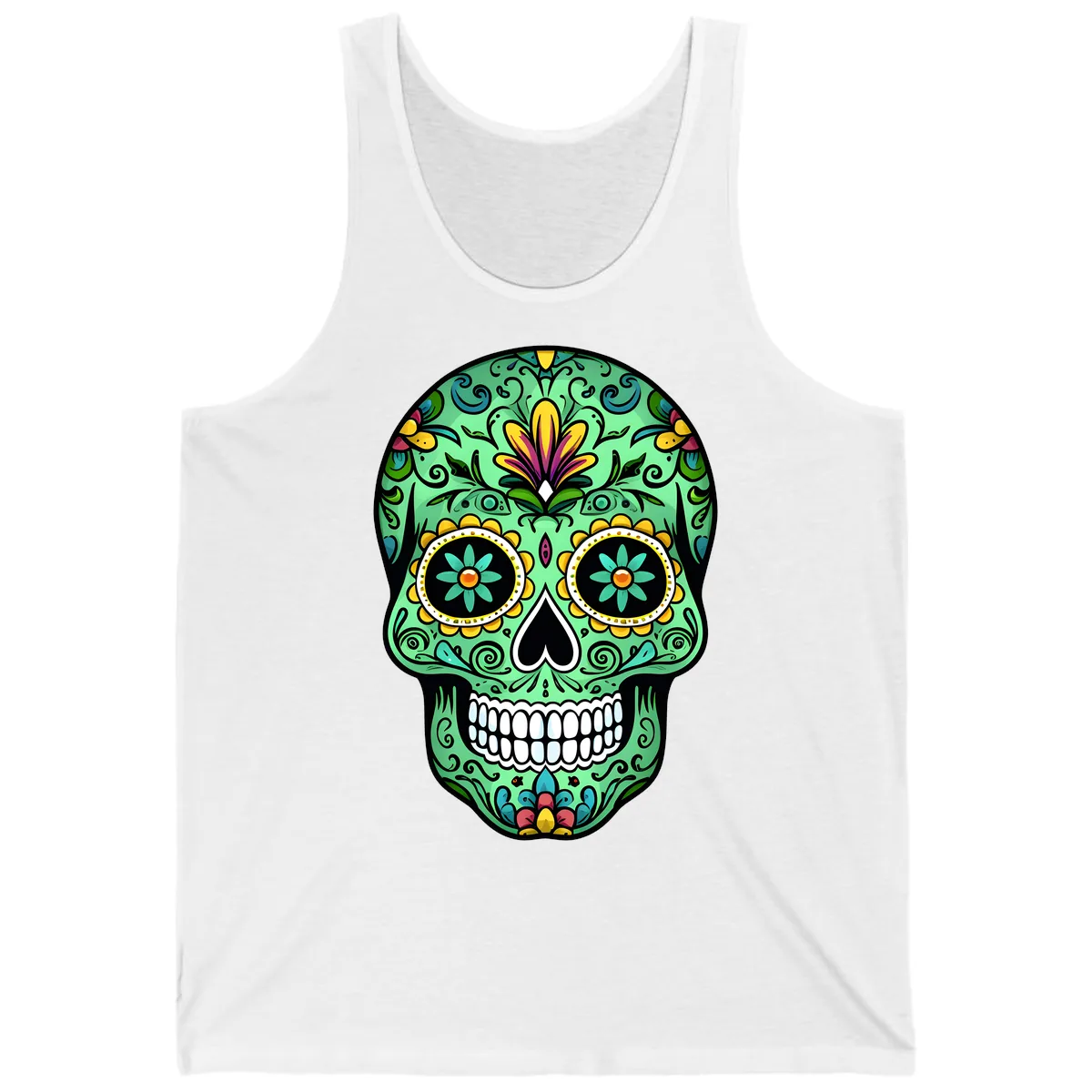 Ornate Teal Calavera Skull Adorned with Vibrant Florals Tank in White