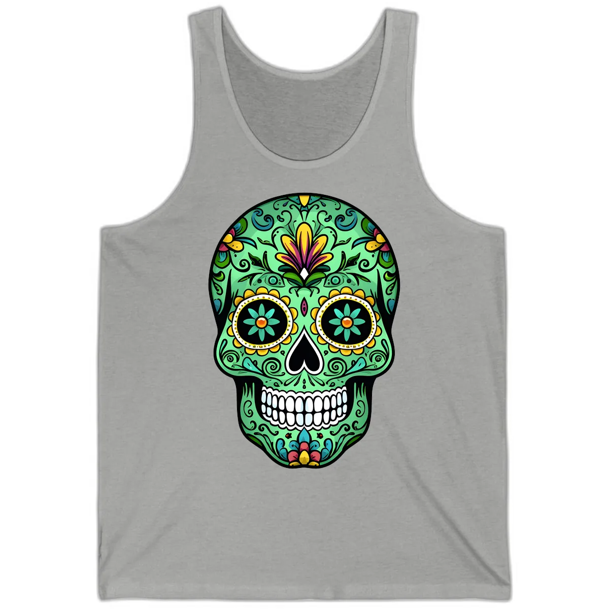 Ornate Teal Calavera Skull Adorned with Vibrant Florals Tank in Athletic Heather