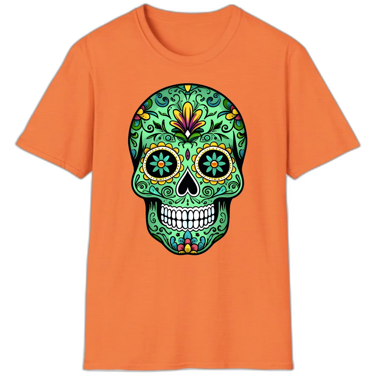 Ornate Teal Calavera Skull Adorned with Vibrant Florals T-Shirt in Heather Orange