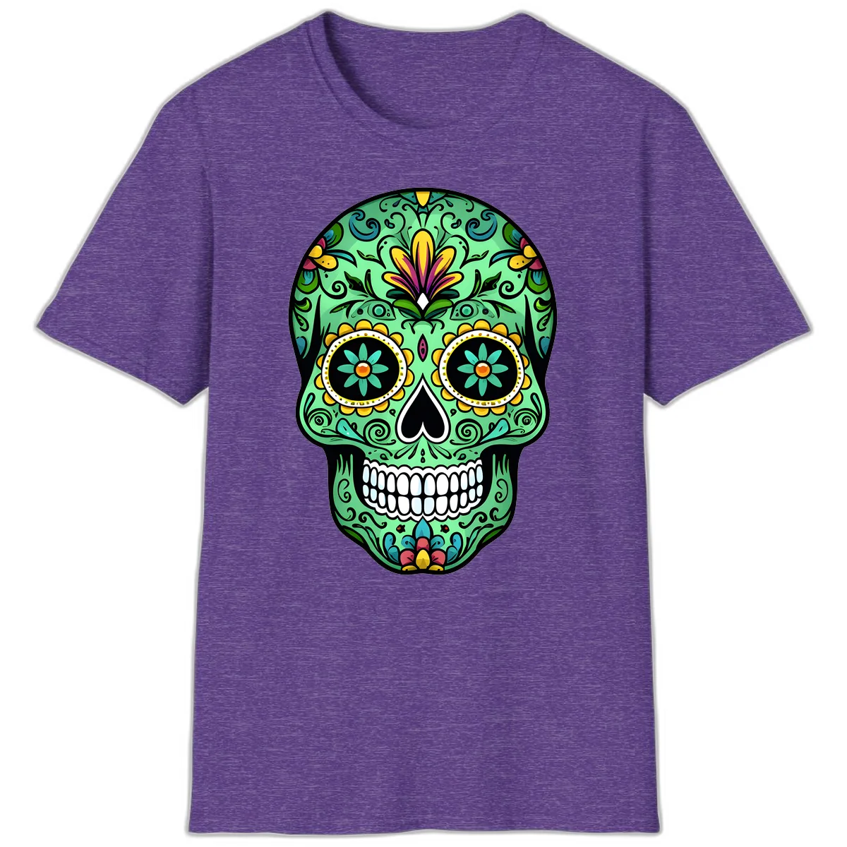 Ornate Teal Calavera Skull Adorned with Vibrant Florals T-Shirt in Heather Purple