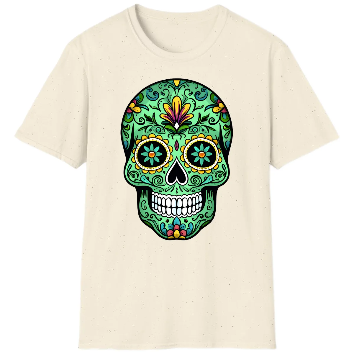 Ornate Teal Calavera Skull Adorned with Vibrant Florals T-Shirt in Natural